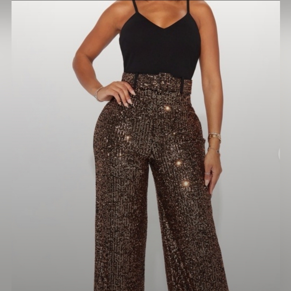 Fashion Nova Sequin Wide Leg Pants - Black and Copper